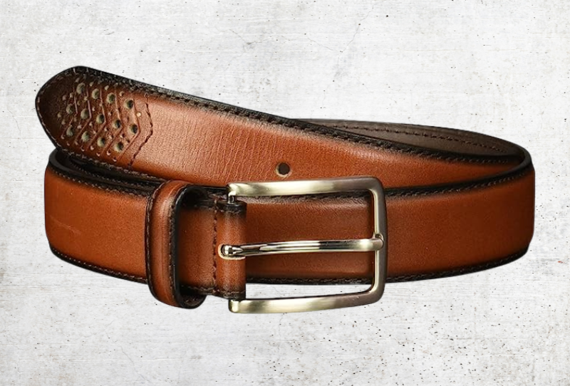 STACY ADAMS a brown leather belt with a silver buckle.