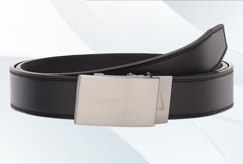 Nike a black leather belt with a silver buckle.