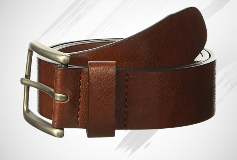 Perry Ellis a brown leather belt on a white background.